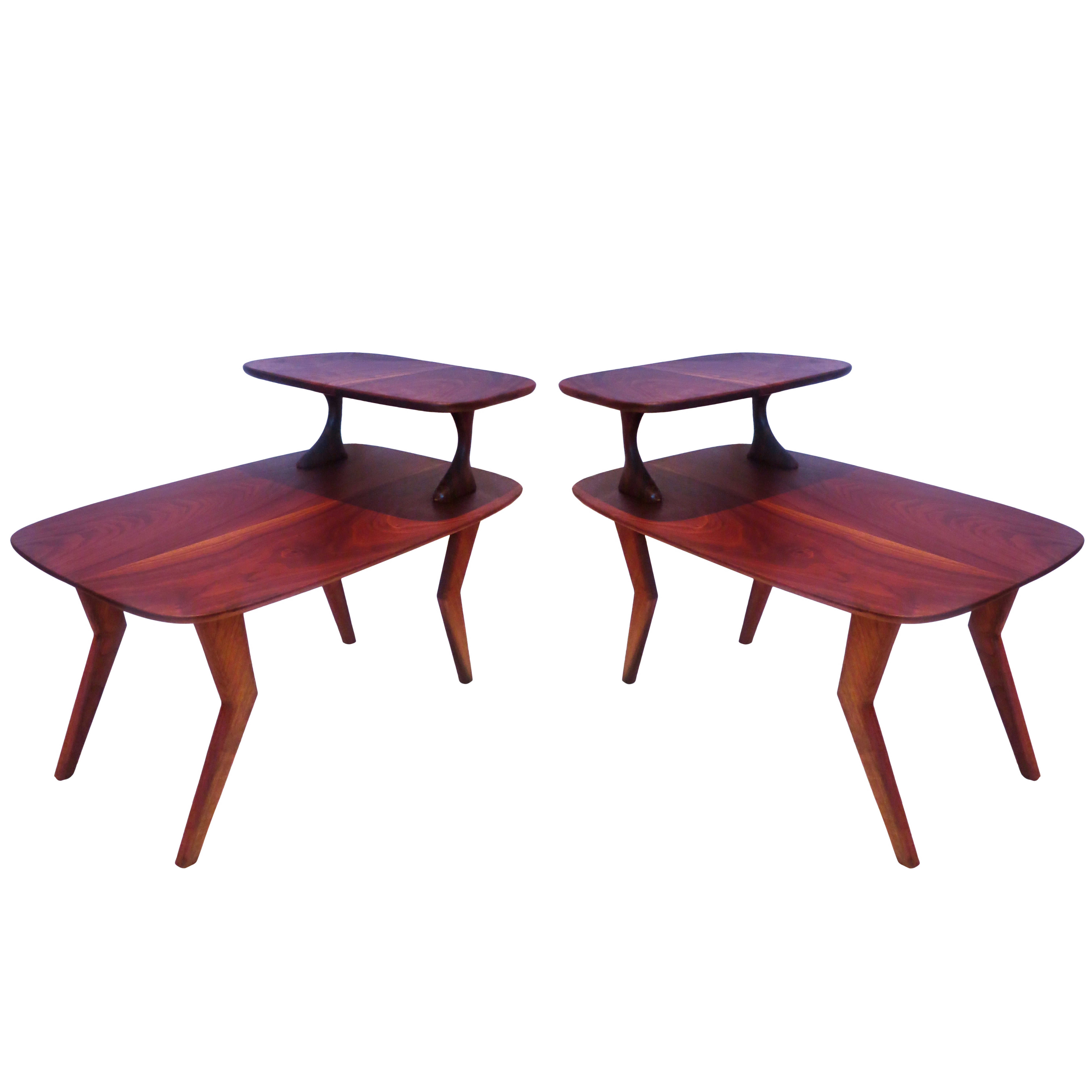 1950s American Modern Pair of Step End Tables in Solid Walnut