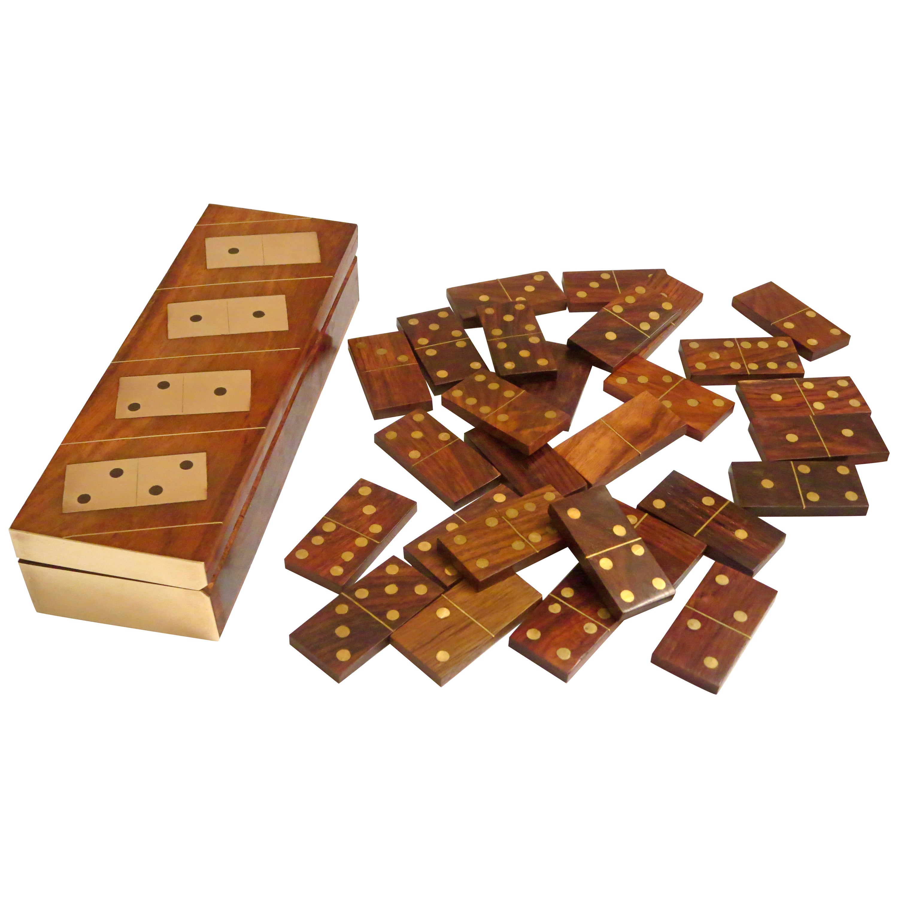 1970s Rosewood and Brass Inlaid Elegant Domino Set and Case