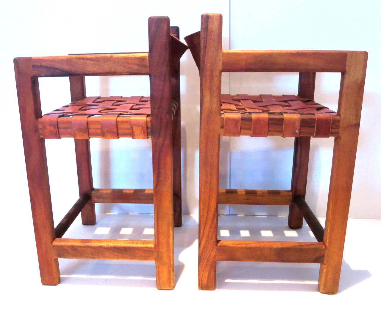 Mid-Century Modern 1960s pair of tall leather strap arm bar stools Mexican moderrn