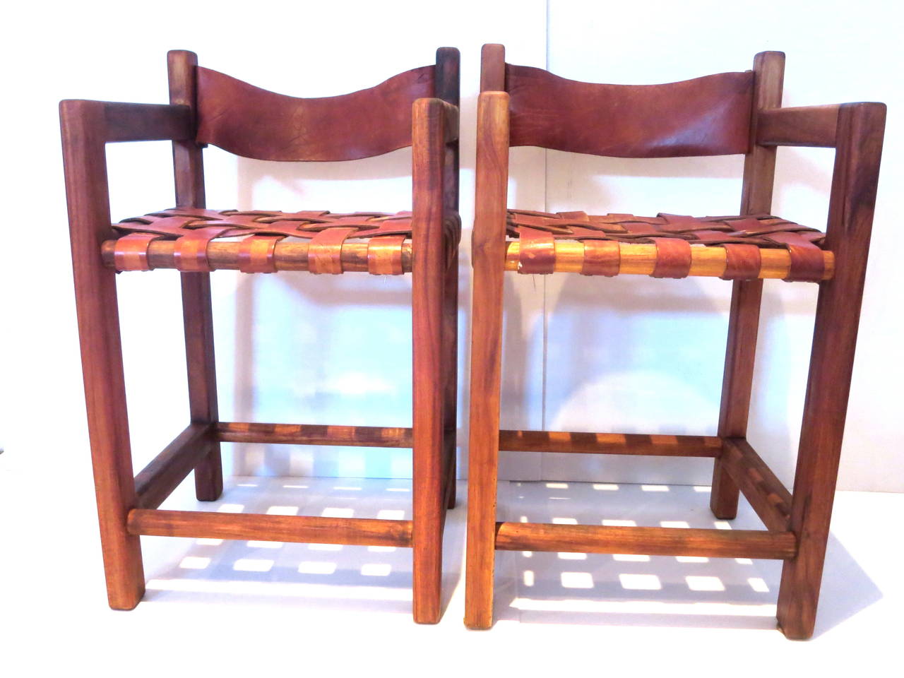 South American 1960s pair of tall leather strap arm bar stools Mexican moderrn