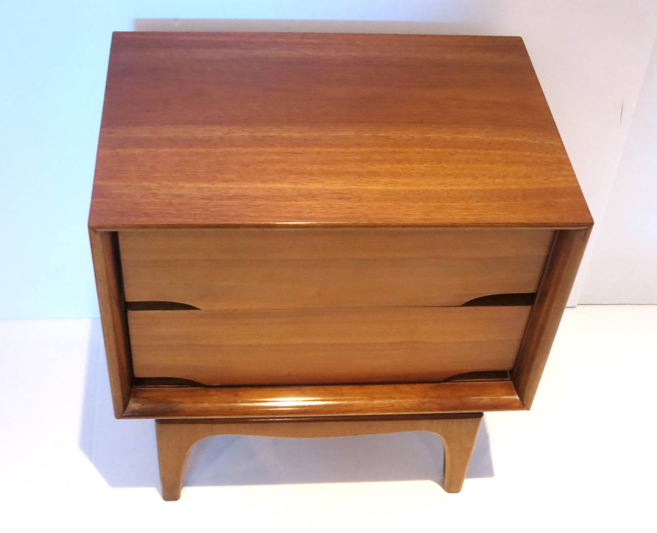 20th Century 1950s American modern Pair of double drawer walnut night stands by Kent Coffey