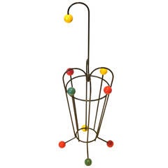1950s Atomic Age French Mid-Century Umbrella Stand Iron and Wood 3