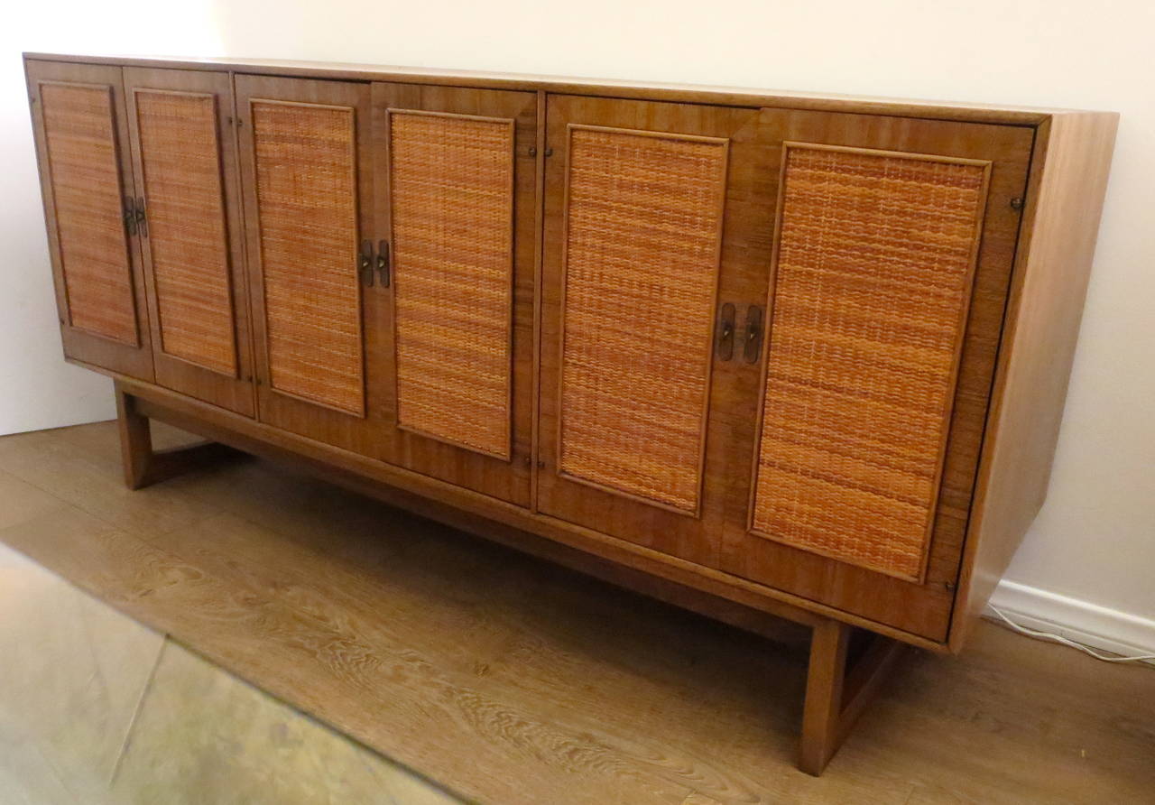 20th Century 1950s American modern mahogany & cane front door panels sideboard