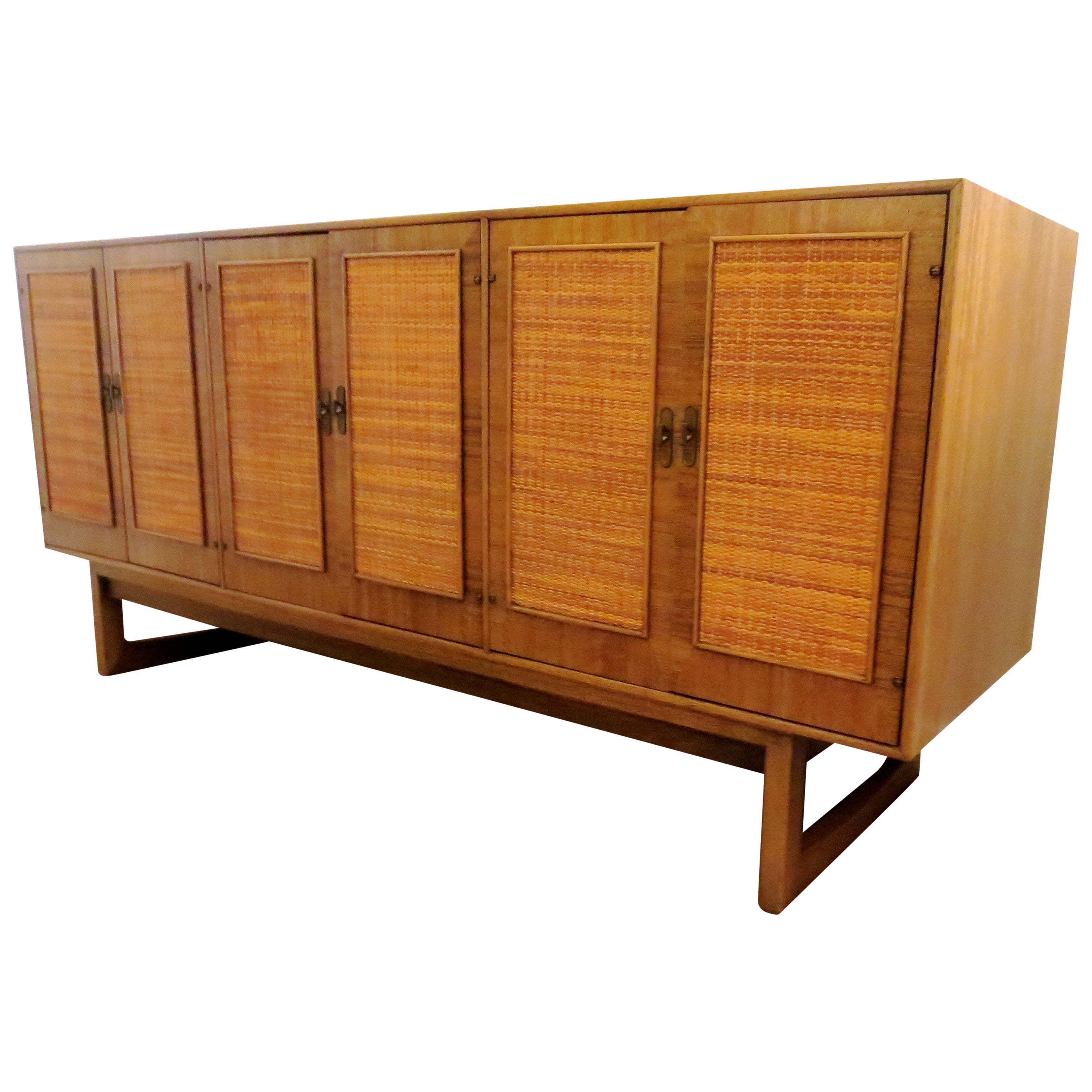 1950s American modern mahogany & cane front door panels sideboard
