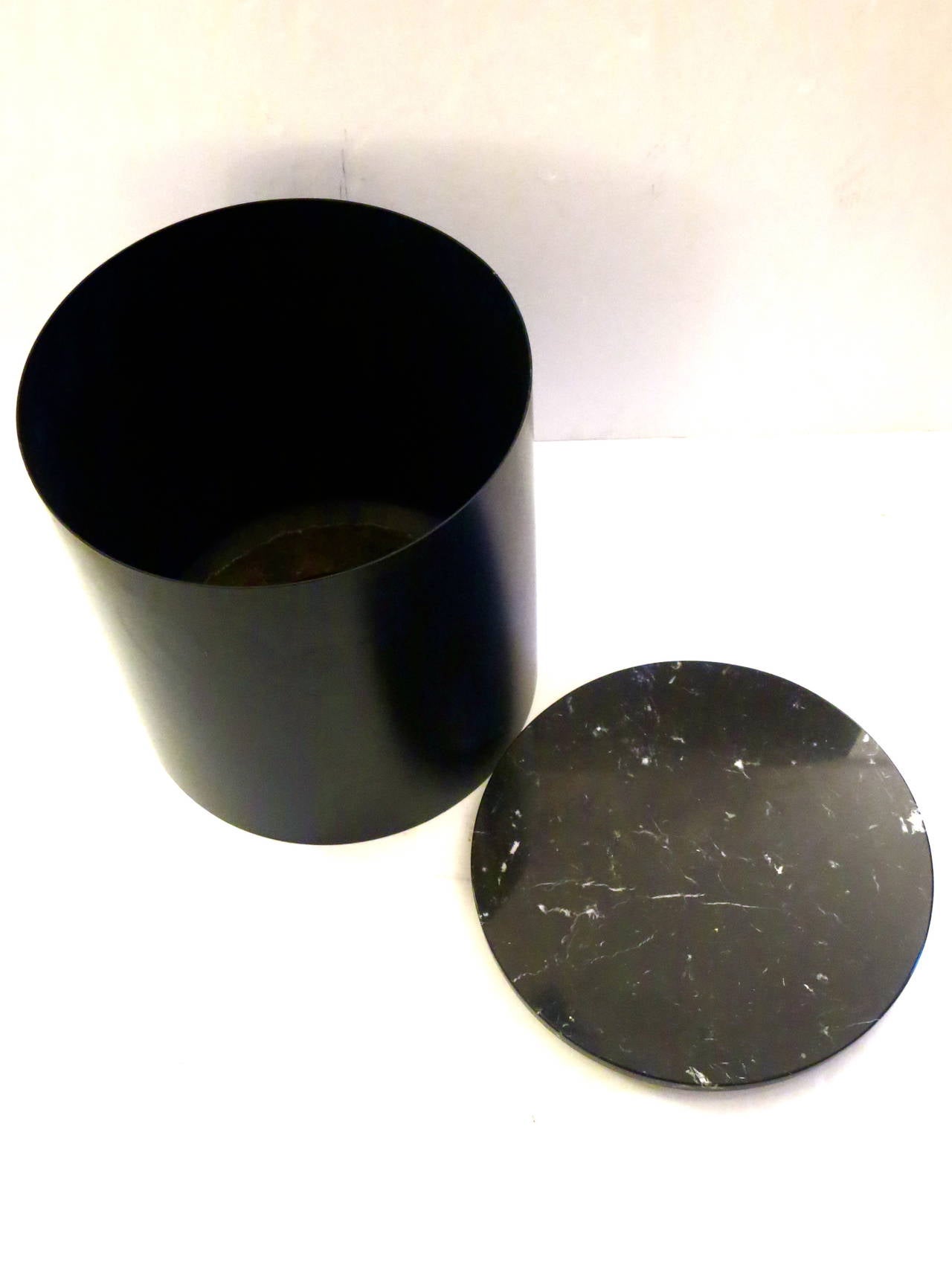 1960s aluminum table with round black marble by Paul Mayen for Habitat