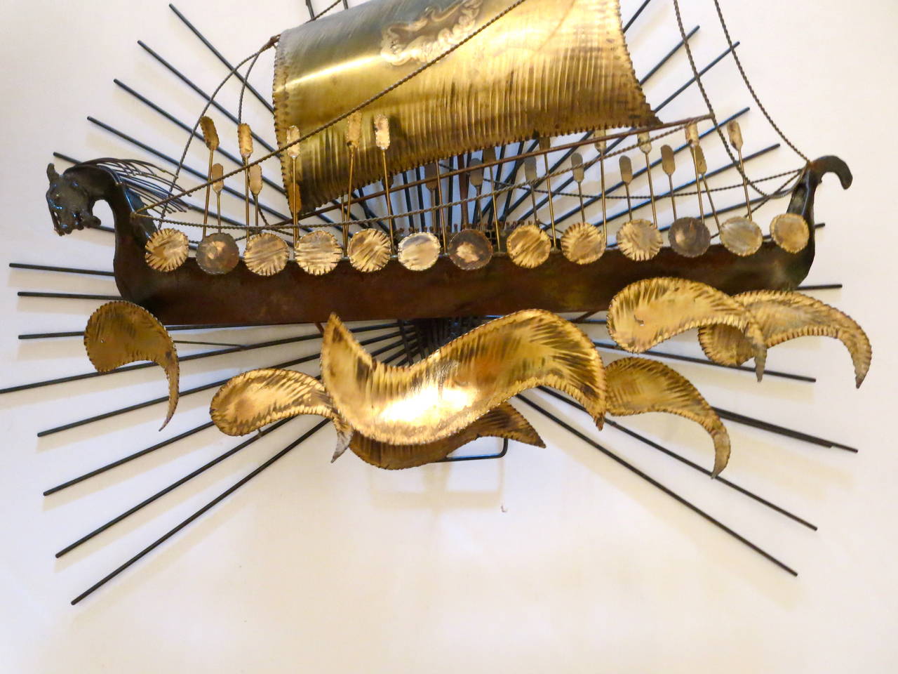 1960s Striking Large Viking Ship Wall Sculpture Metal and Brass at