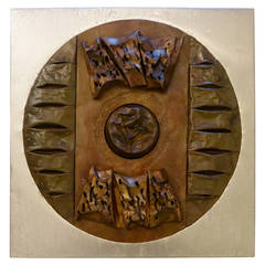 1960s Brutalist metal wall plaque in aluminum & brass patinated signed by Moore