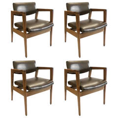 Vintage 1950s American Modern walnut & leather armchairs by Gunlocke 4 available