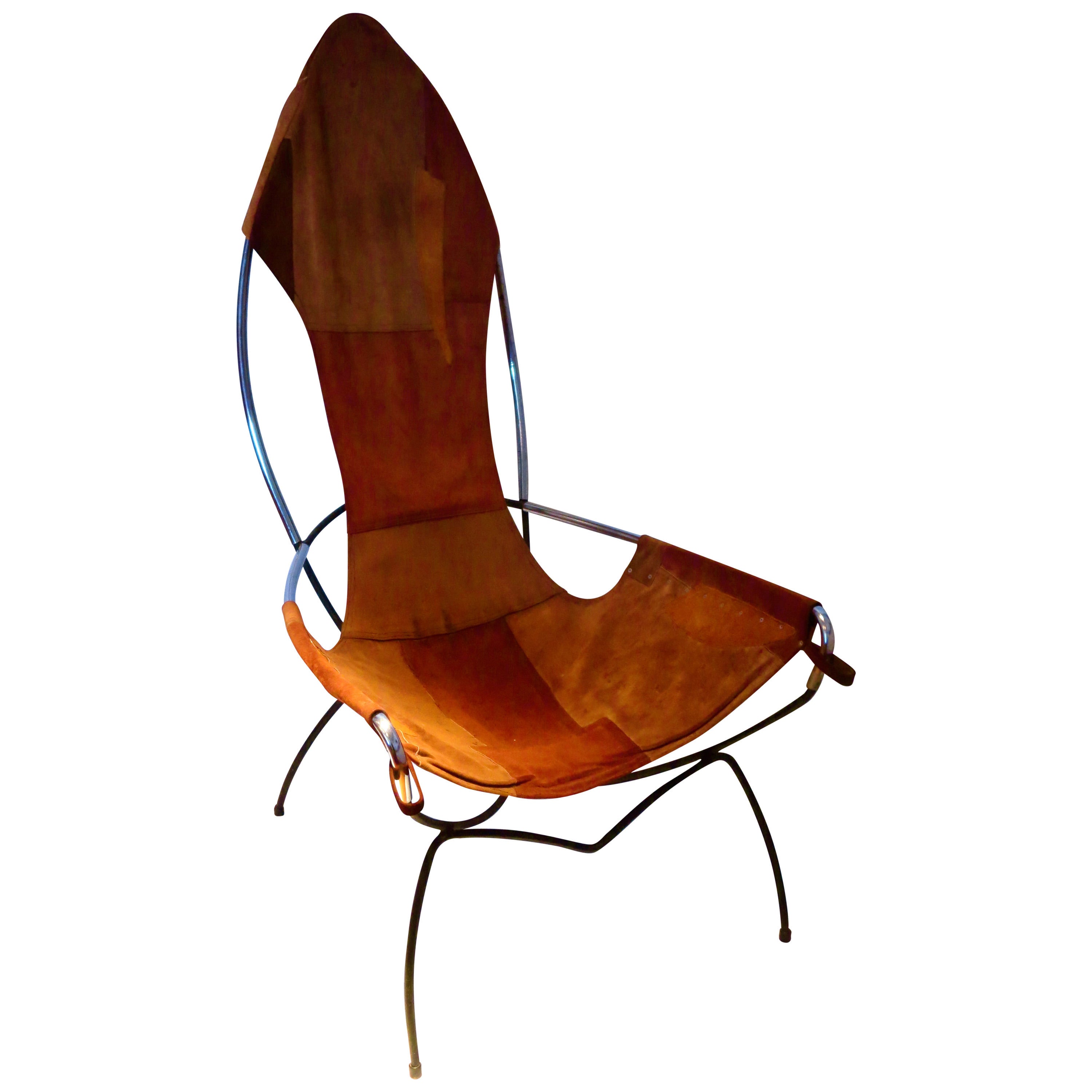 A rare tall back sling chair in leather, iron & chrome atrib. to Tony Paul