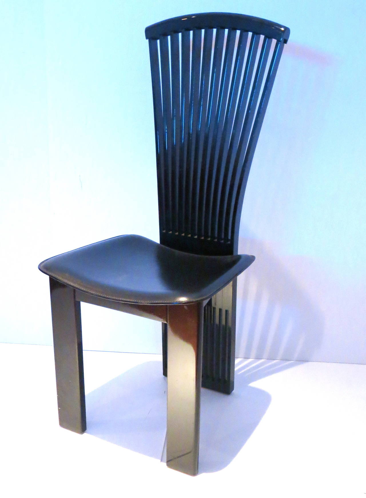 20th Century Four Italian Fan Back Chairs by Pietro Costantini in Lacquered Wood and Leather