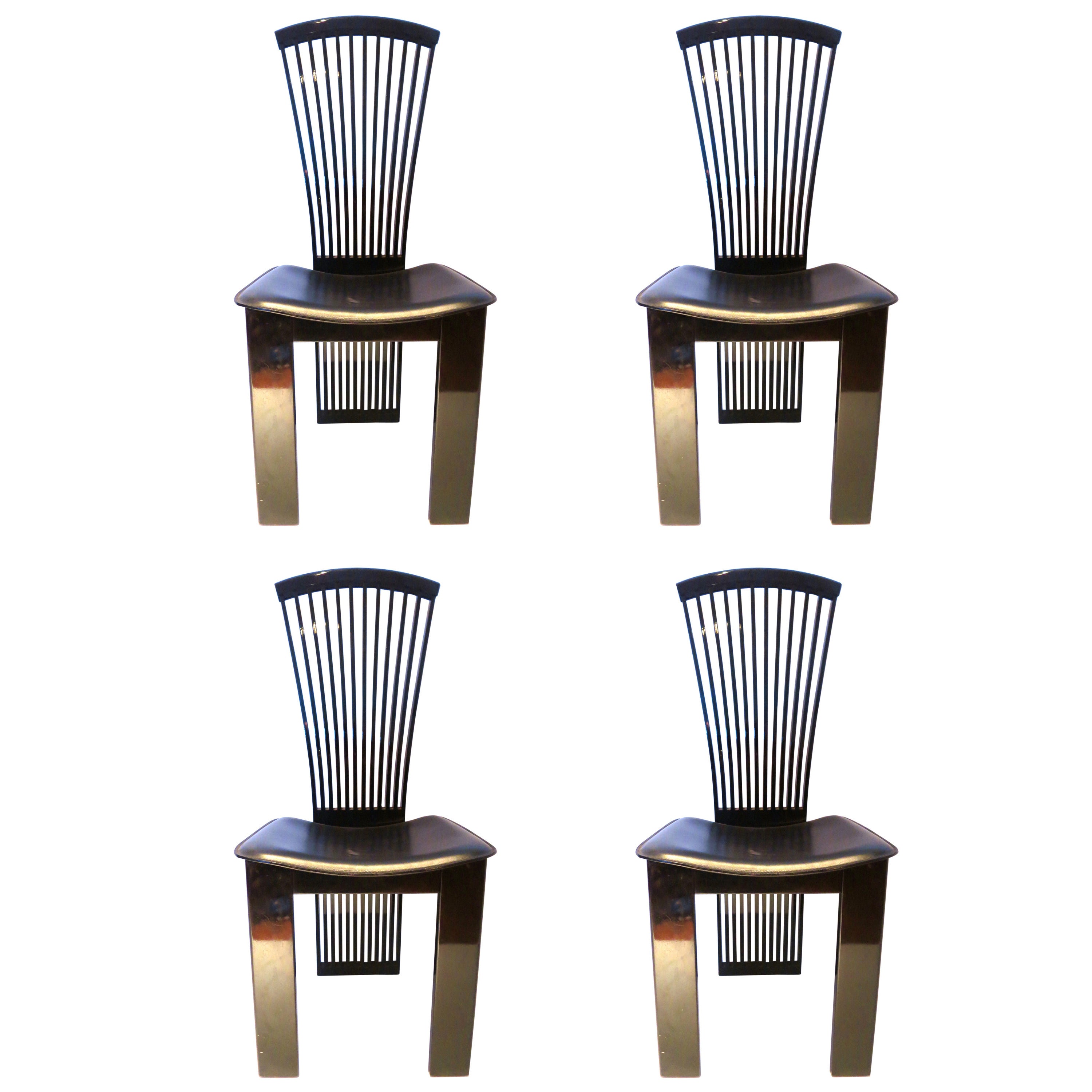 Four Italian Fan Back Chairs by Pietro Costantini in Lacquered Wood and Leather