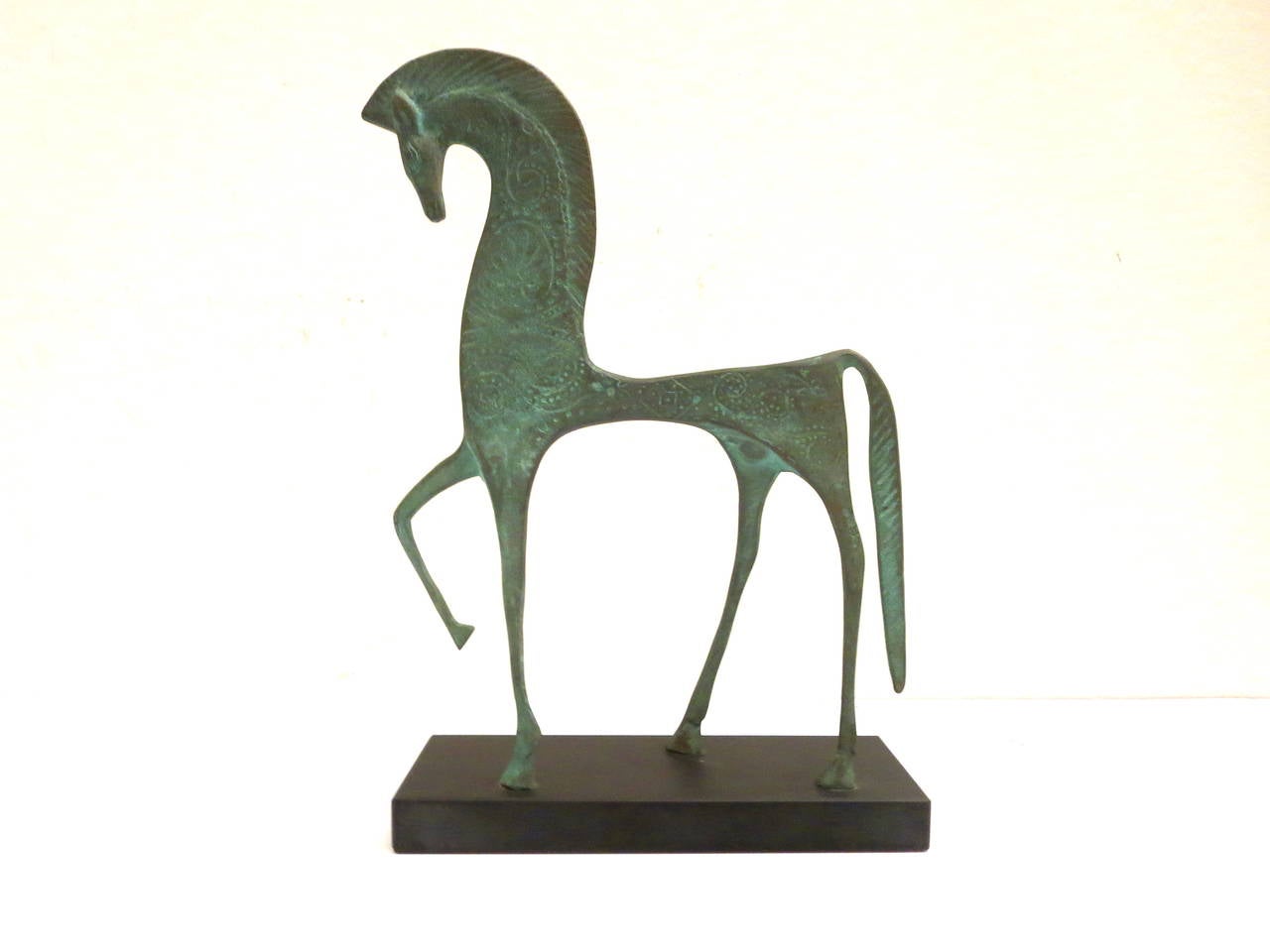 Hollywood Regency Art Deco Etruscan horse sculpture in patinated bronze & slate base