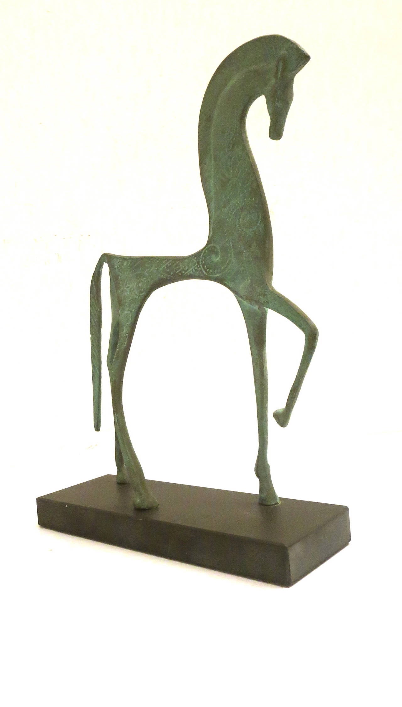 Italian Art Deco Etruscan horse sculpture in patinated bronze & slate base