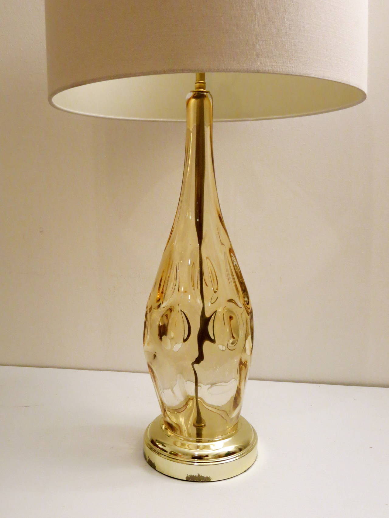 1950s Murano Italian tall thick scaloped glass lamp with brass fittings 1