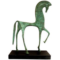 Sculpture de cheval étrusque Art déco en bronze patiné & base en ardoise