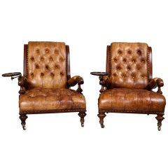 Antique A Rare Pair of 19th C Low Library Armchairs with Wine tables.