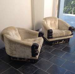 Super Chiques Pair Fauteuils In Baroque Style, Original Condition On Swivel Base