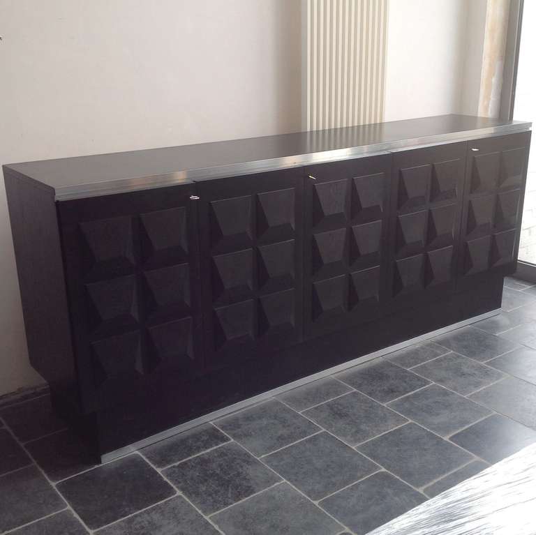 Belgian Ebonised Oak Brutalist Sideboard With Graphic Surface Sculptural Shapes Doors.
