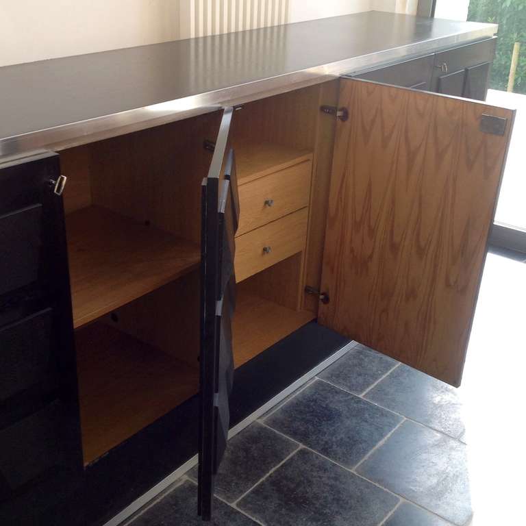 Ebonised Oak Brutalist Sideboard With Graphic Surface Sculptural Shapes Doors. 1