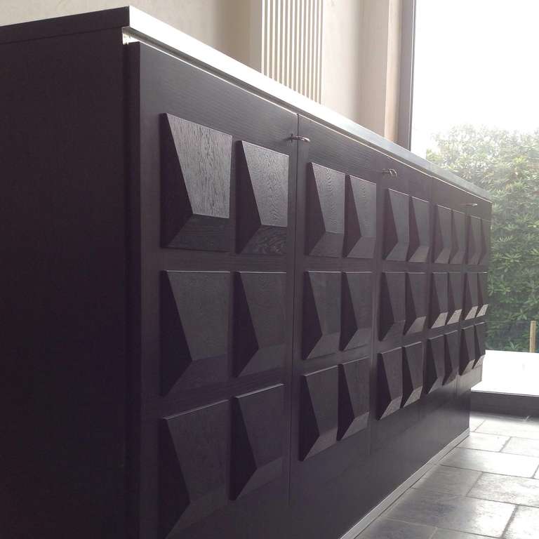 Ebonised Oak Brutalist Sideboard With Graphic Surface Sculptural Shapes Doors. 2