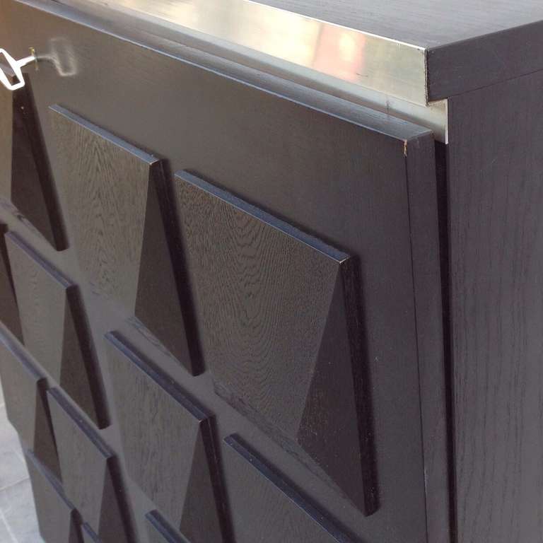 Belgian Ebonised Oak Brutalist Highboard With Graphic Surface Sculptural Shapes Doors.