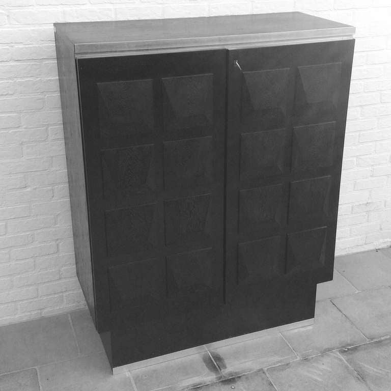 Ebonised Oak Brutalist Highboard With Graphic Surface Sculptural Shapes Doors. 1