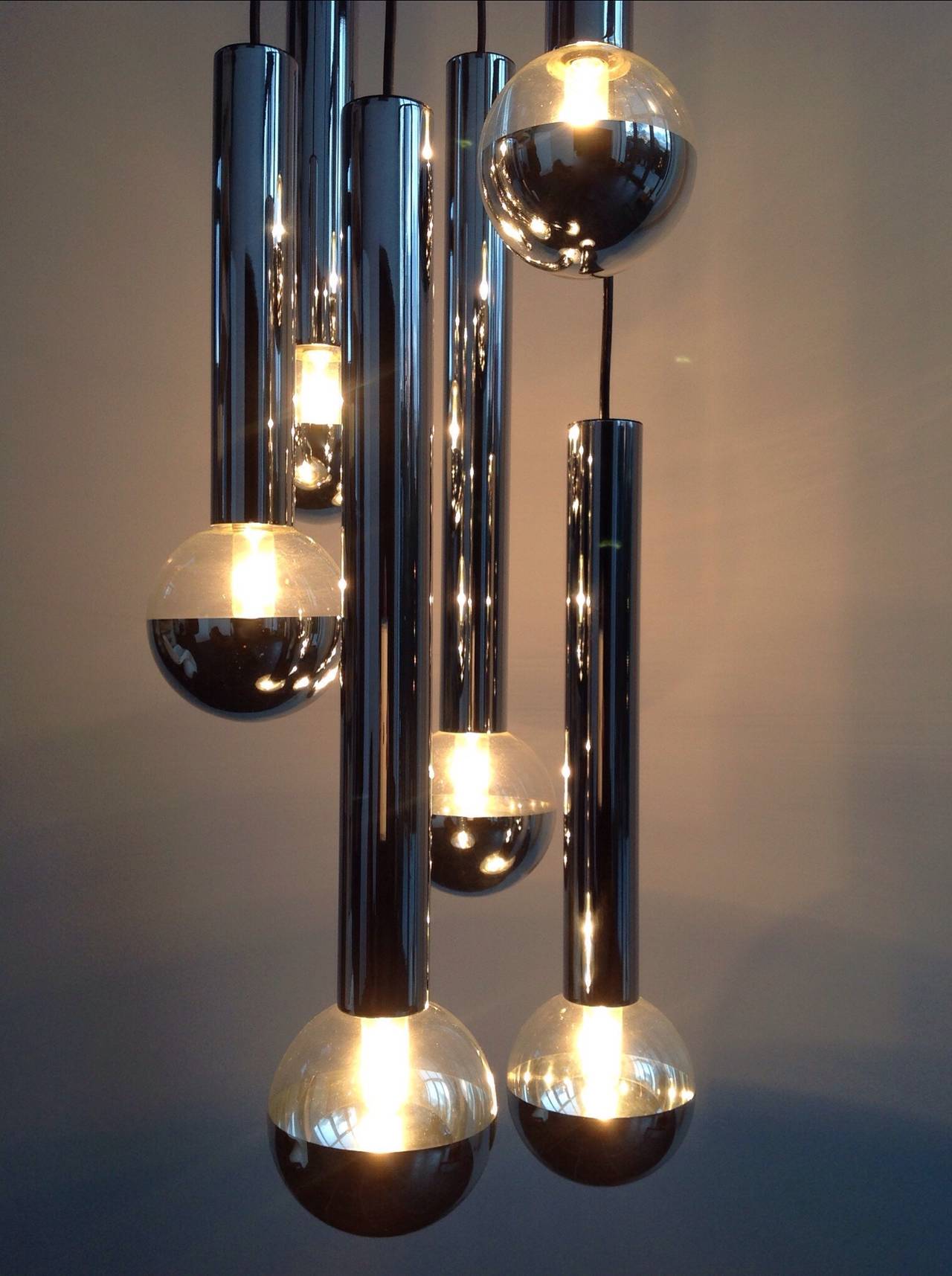 Post-Modern Ceiling Lamp with Six Chrome Tubes and Glass Mirror Balls by Motoko Ishiiy For Sale