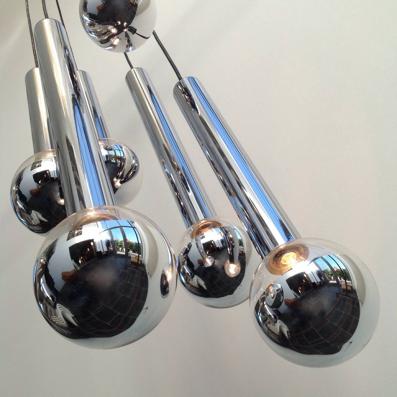 Japanese Ceiling Lamp with Six Chrome Tubes and Glass Mirror Balls by Motoko Ishiiy For Sale