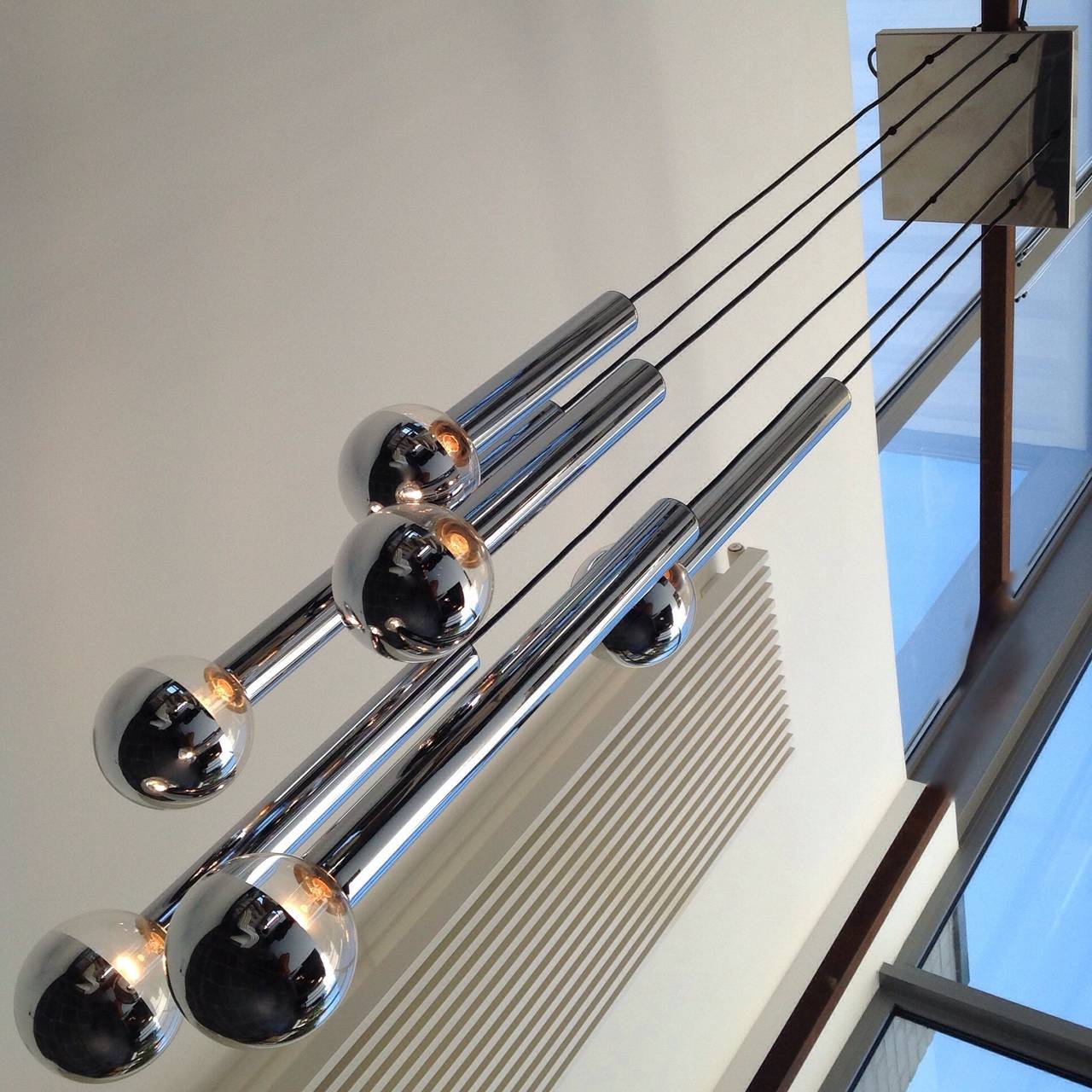 Ceiling Lamp with Six Chrome Tubes and Glass Mirror Balls by Motoko Ishiiy For Sale 1