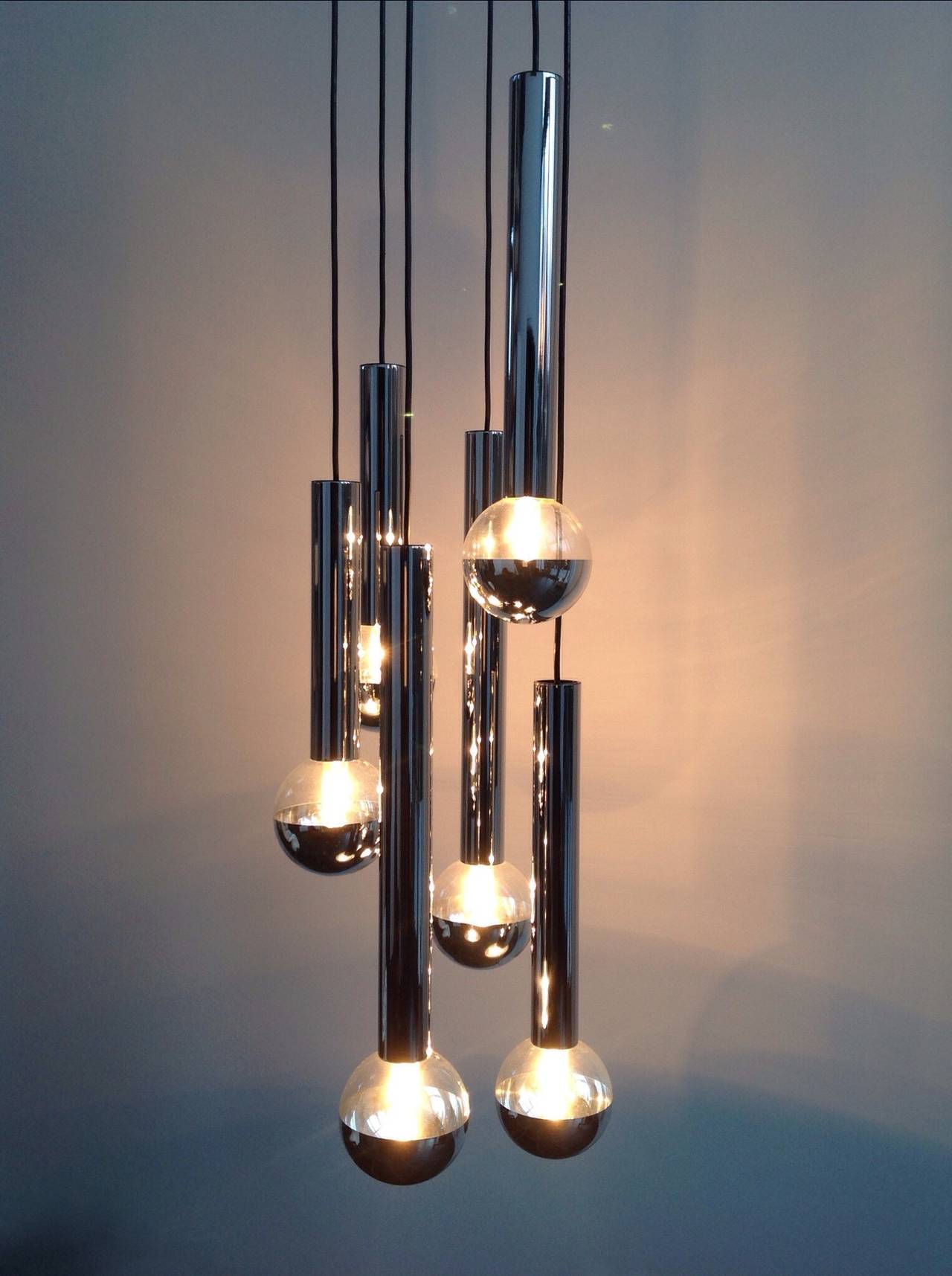 Ceiling Lamp with Six Chrome Tubes and Glass Mirror Balls by Motoko Ishiiy For Sale 2