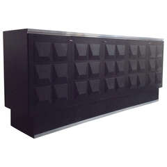 Ebonised Oak Brutalist Sideboard With Graphic Surface Sculptural Shapes Doors.