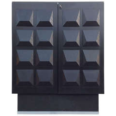 Ebonised Oak Brutalist Highboard With Graphic Surface Sculptural Shapes Doors.