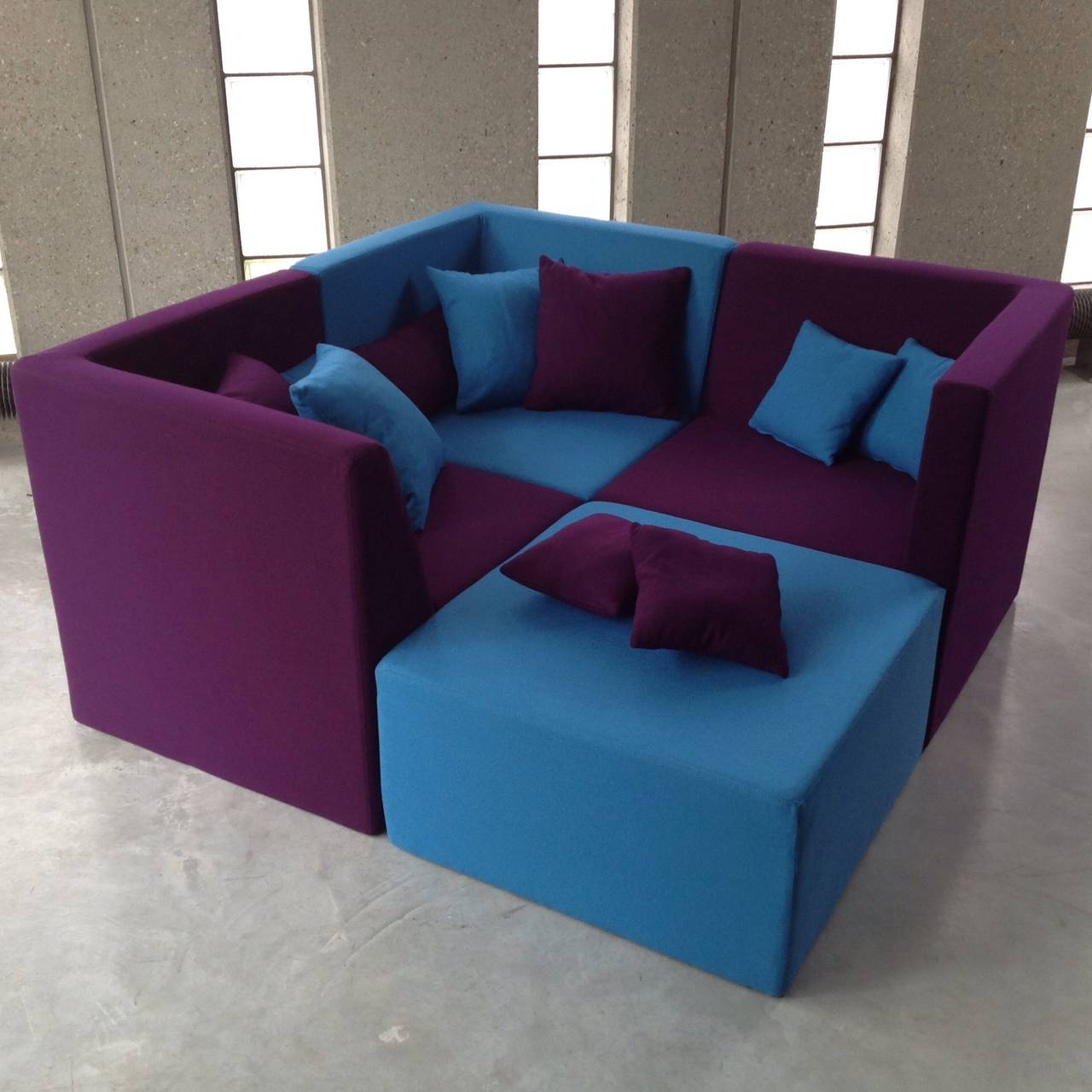 Complete restoration, renovation to the contemporary comfort with original Kvadrat fabric, deep purple and light sea blue, . . . 
Including 10 small cushions.

Super rare avant garde modular seating landscape designed by Verner Panton for Alfred