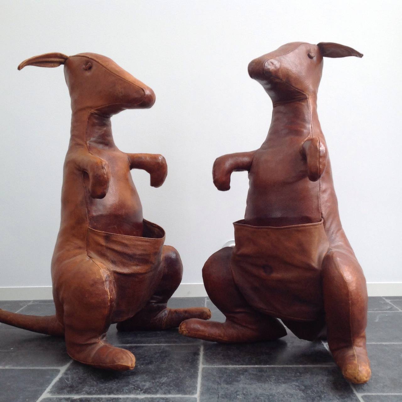 2 Very nice and extremely decorative leather magazine holder Kangaroos designed by Dimitri Omersa, England, 1960. The Kangaroo is one of the rarer and nicest animals produced by Dimitri Omersa for Liberty’s. This kangaroos are made of top quality