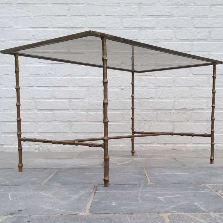 Brass Side Table, by Maison Bagues with Bamboo Legs, 1960 For Sale