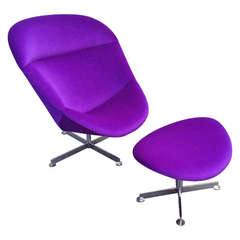 Beautiful Lounge Chair with Ottoman, in Rare Purple Mohair Fabric, 1970