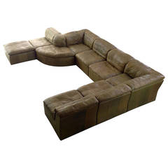 Patchwork Modular Sofa in Original Olive Green Leather, Beautiful Condition