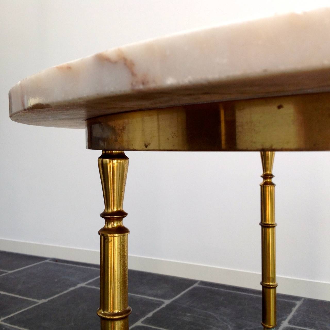 French Beautiful coffee table with inlaid brass on marble top, 1960s