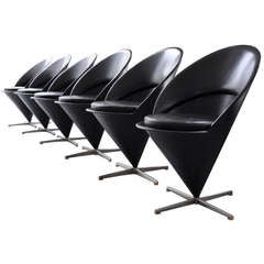 Six Cone Chairs in Original Black Leather, 1st Edition, by Verner Panton