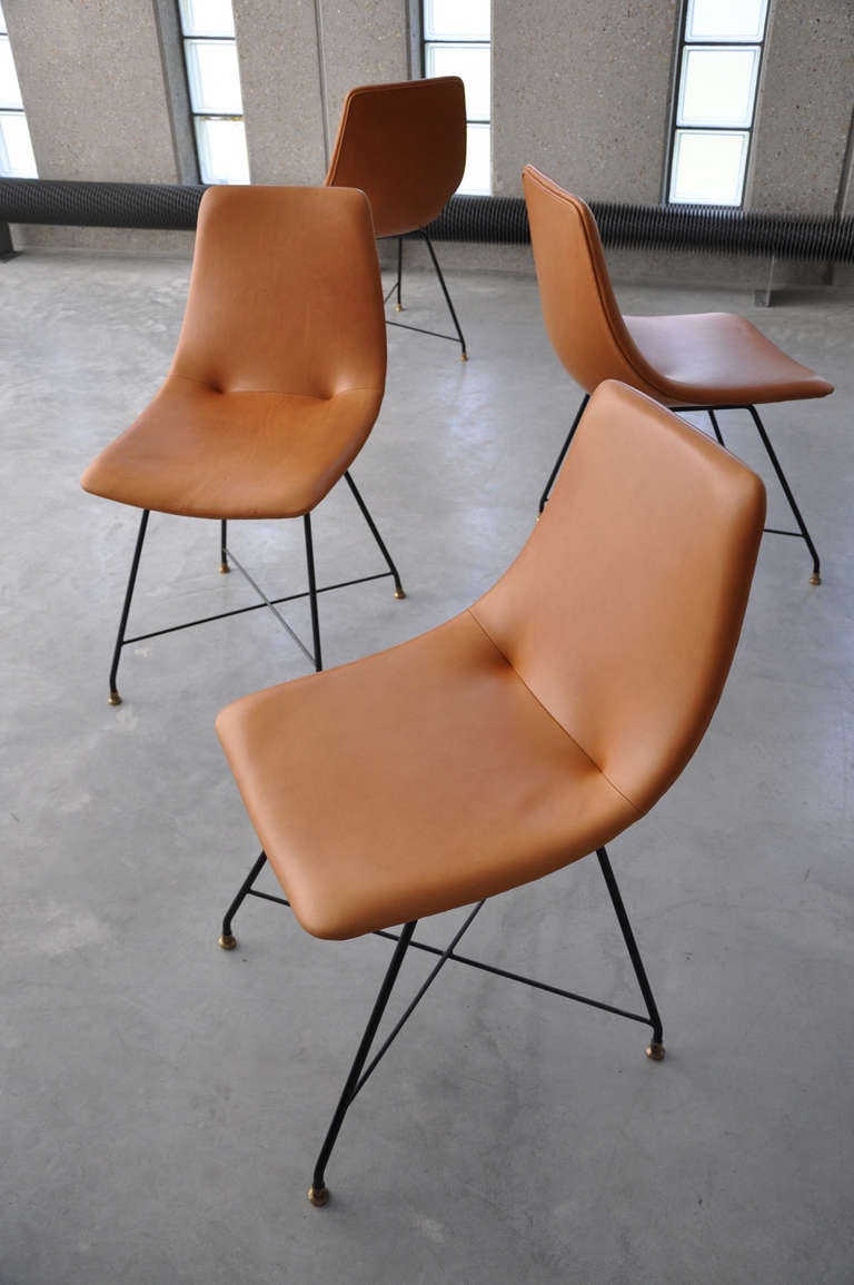 Mid-Century Modern 4 Leather Table Chairs, Design Augusto Bozzi for Saporiti, Anno 1958