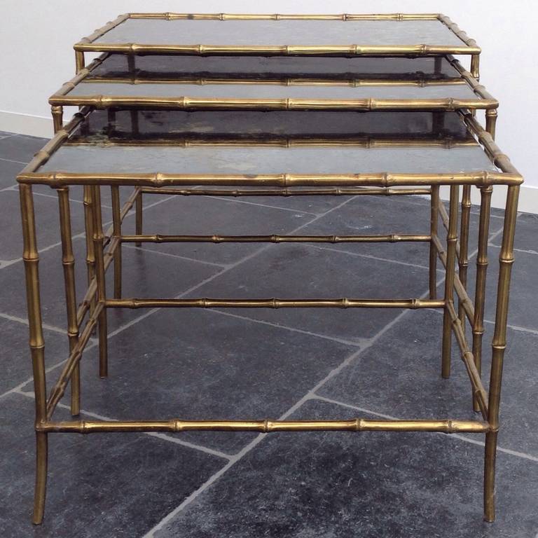 Set of Three Beautiful Side Tables, by Maison Bagues with Bamboo Legs, 1960