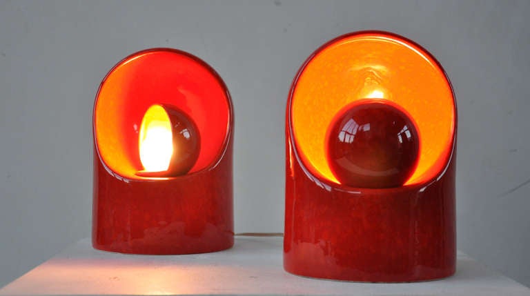Mid-20th Century 2 Rare Marcello Cuneo For Gabianelli Red Ceramic Lamps, Anno '60