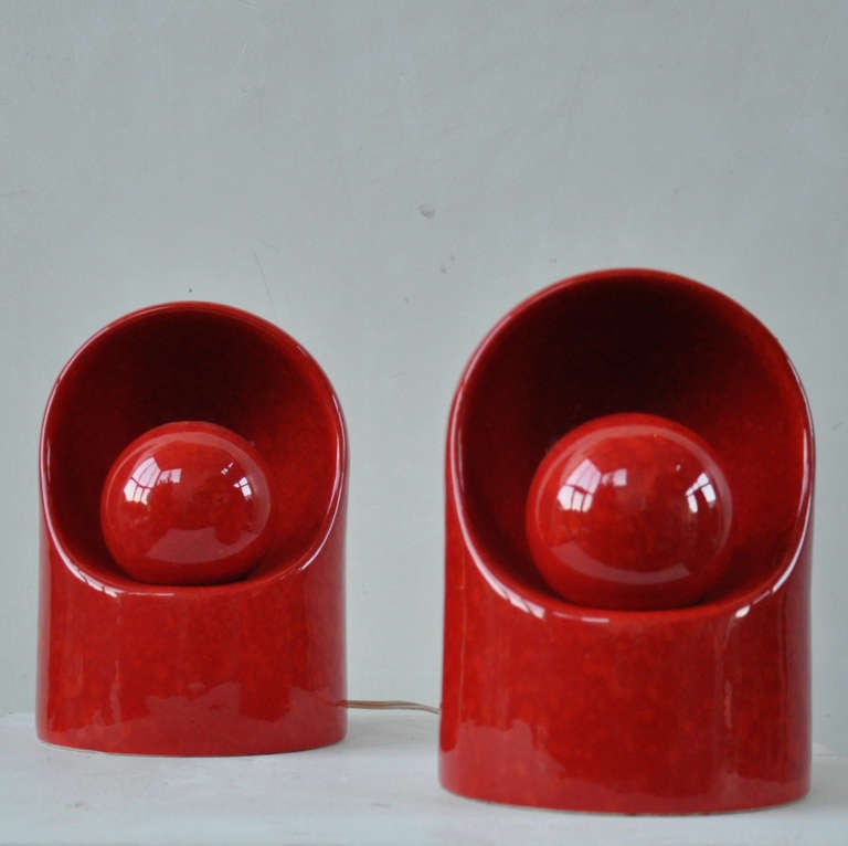 2 Rare Marcello Cuneo For Gabianelli Red Ceramic Lamps, Anno '60 In Excellent Condition In Brussels, BE