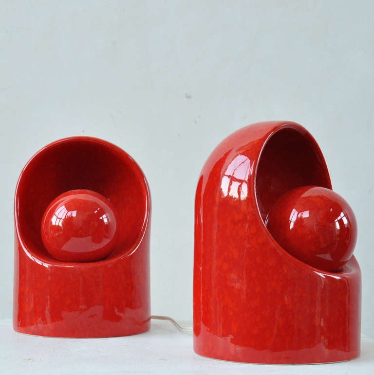 2 Rare Marcello Cuneo For Gabianelli Red Ceramic Lamps, Anno '60 1