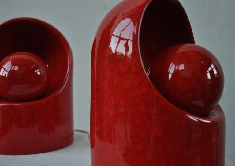 Mid-Century Modern 2 Rare Marcello Cuneo For Gabianelli Red Ceramic Lamps, Anno '60