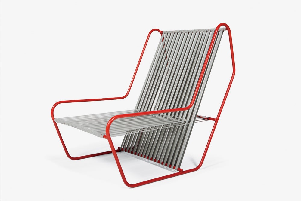 Rod Series 'Flip Lounge' Armchair, Red with Grey Flat Vinyl Cord In Excellent Condition For Sale In Los Angeles, CA