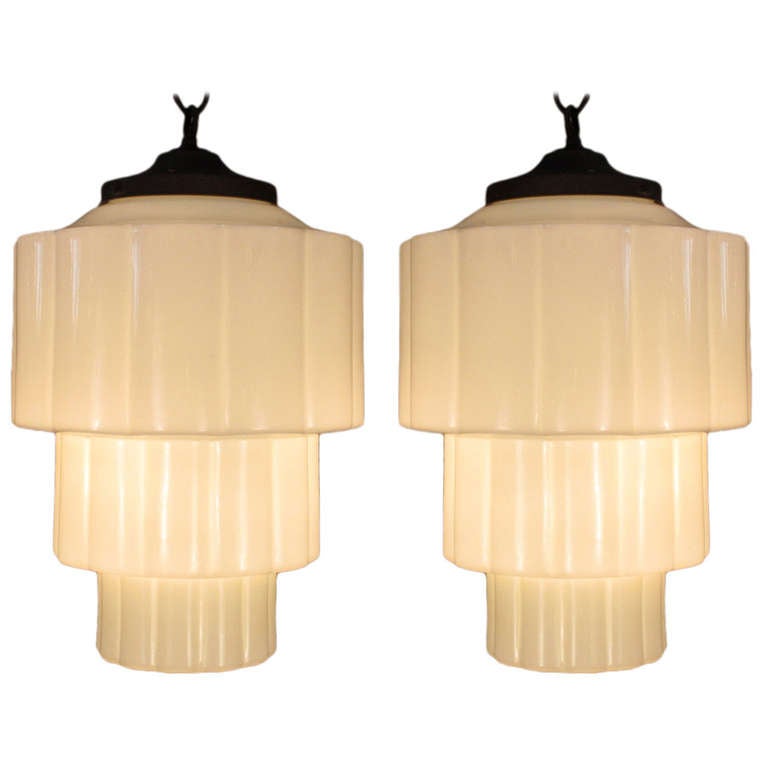 Vintage Pair of White Glass Pendants at 1stdibs