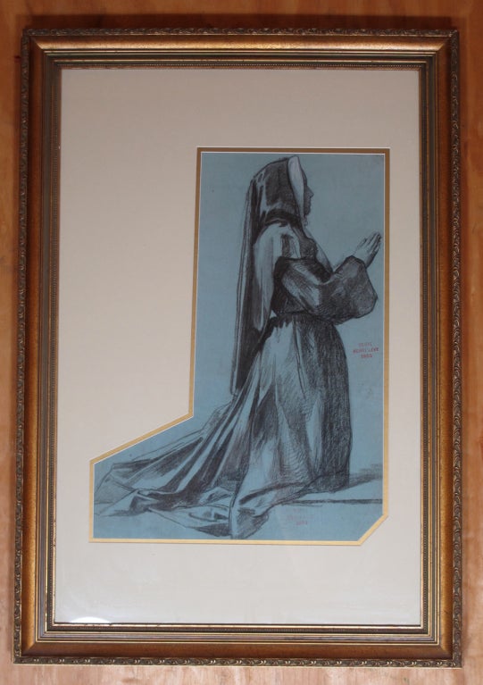 Beautifully Framed Authentic French Sketch of Nun in Prayer done in Lead, Charcoal with Touch of Blanc. 1905 Paris Stamp of Authenticity. Gray Blue Background. New Framing with Gold Filet.

Courtesy to the Trade