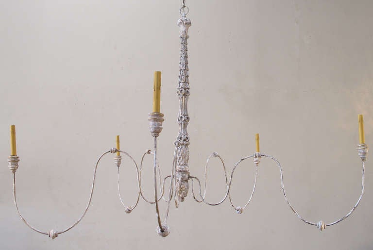 Stunning Large Chandelier with Swoop Arms created with Vintage Candlestick. The base of the chandelier is a Vintage Hand Carved and Painted Italian Candlestick with Mirrored Pieces. The arms are new but have an antique style. 6 candelabra base bulbs