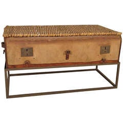 Antique Canvas and Wicker Trunk with Iron Stand